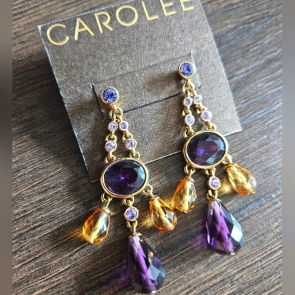 NWT Carolee Purple & Gold Crystal Drop Earrings - Picture 4 of 4